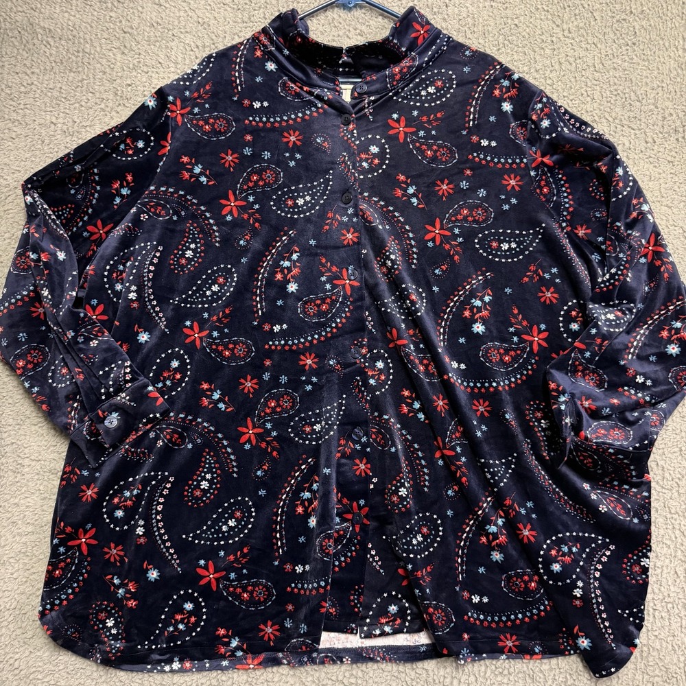 Woman Within 4X Plus Size Velour Tunic Top Navy Blue Red Floral Paisley Buttons